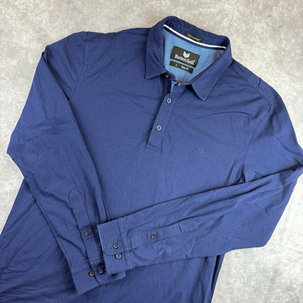 Buttercloth Polo Shirt Mens Large Blue Icy Cotton Slim Fit Long Sleeve Preppy